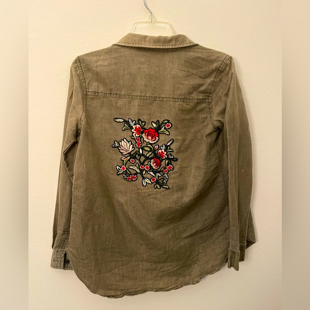 Embroidered button up shirt olive green
